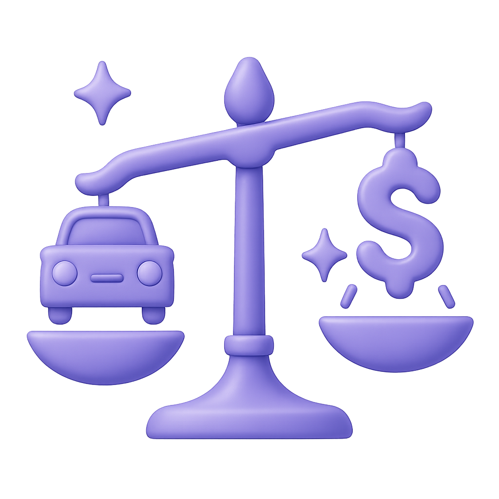 Purple balance scale illustration showing car on one side and dollar sign on the other, representing the balance between driver experience and profitability