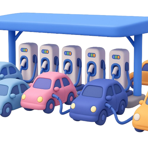 3D illustration of colorful public EV charging station with multiple cars charging under a blue canopy, showing high-demand charging scenario